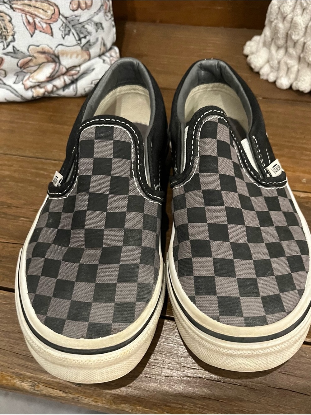 Boys size 13 Vans Kids Slip-On Checkerboard Sneakers - Black & Gray